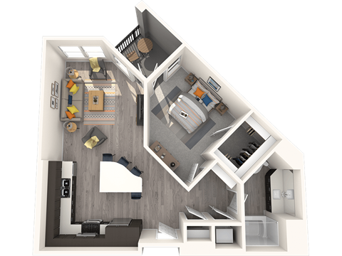 A 3D floor plan of a small apartment with a kitchen, living room, and bedroom.
